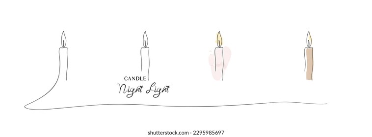 Wax burning candles in different variations. One continuous line drawing of candle lit.