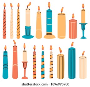 Wax burning candles. Hand drawn decorative element, aromatherapy burning colorful candles. Holiday decorative candles vector illustration set for home relaxation. Holders and candlesticks