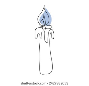 Wax candle with blue flame. Burning decorative aroma candle. Continuous one line drawing. Line art. Isolated on white backdrop. Design element for print, greeting, postcard, scrapbooking. Colored