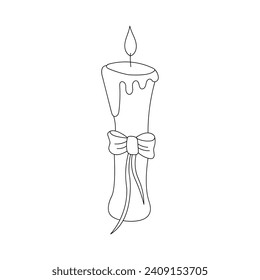 Wax candle with a bow in doodle style on white background.