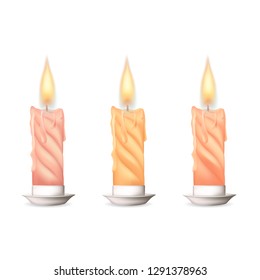 Wax candle, candle burn isolated on white background. Wax, fire, celebration, candlelight dinner, Christmas candle, religious attribute. 3D realistic vector effect.