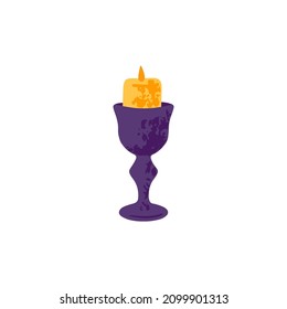 Wax candle in candlestick. Halloween candlelight with glowing light flame in holder. Helloween decor, candelabra. Flat vector illustration isolated on white background