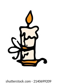 A wax candle in the color of the icon is burning in the candlestick. in the doodle style, it is a wax light yellow candle with a bow, with an orange flame on an orange candlestick with a handle. 