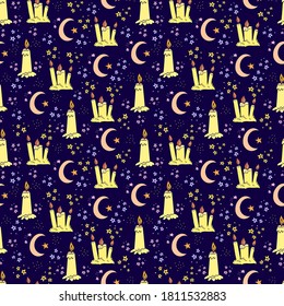 Wax candle and crescent seamless pattern. Burning wax light at night vector illustration. Hand drawn glim wallpaper. Magical spiritual design. EPS 8