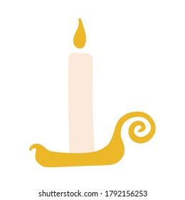 A wax candle in a Doodle-style candlestick. A simple, cute hand-drawn drawing. Hygge, a cozy home, comfort environment. Isolated on a white background. Color vector illustration