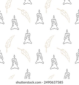 Wax candle and feathers pattern, mysticism occult esoteric rituals magic. Vector illustration