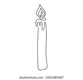 Wax candle with flame. Burning decorative candle. Continuous one line drawing. Line art. Isolated on white background. Design element for print, greeting, postcard, scrapbooking. Black and white