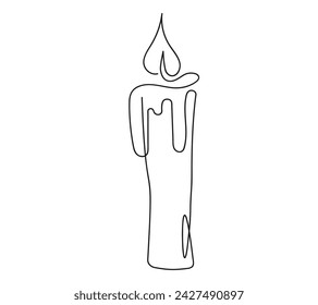 Vela de cera con llama. Vela decorativa ardiendo. Dibujo continuo de una línea. Línea de arte. Aislado sobre fondo blanco. Elemento de diseño para impresión, saludo, postal, scrapbooking. Blanco y negro