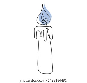 Vela de cera con llama. Vela aroma decorativo ardiente. Dibujo continuo de una línea. Línea de arte. Aislado sobre fondo blanco. Elemento de diseño para impresión, saludo, postal, scrapbooking. Coloreado