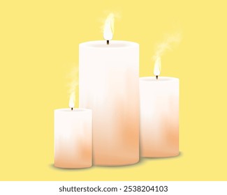 Wax candle with flame and smoke. Vector candle for design.