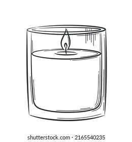 Wax candle in a glass candlestick hand-drawn. Sketch in doodle style. Burning candle in a glass. Isolated vector illustration with strokes.