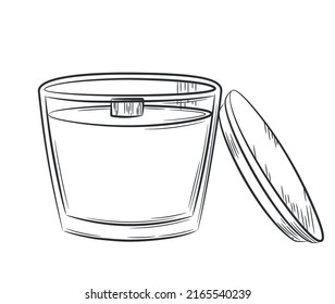 Wax candle in a glass candlestick with a wooden wick and a lid hand-drawn. Sketch in doodle style. Burning candle in a glass. Isolated vector illustration with strokes.