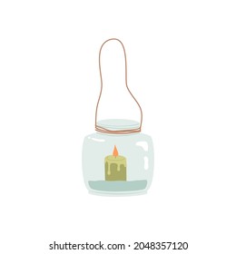 Wax candle in a glass jar. Candle in a candlestick. Decor, decoration, celebration.