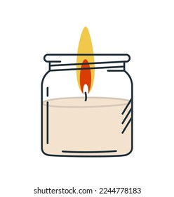 Wax candle in a glass jar. Home aromatherapy, home decoration. Vector isolated illustration