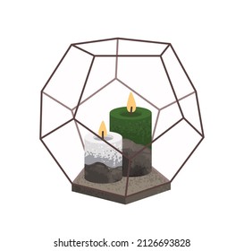 Wachse Kerze in Glas und Metall geometrischen Terrarienhalter. Geschmackvolle Einrichtung. Modernes, gemütliches, dekoratives Licht. Romantische Dekoration. Flache Vektorgrafik einzeln auf weißem Hintergrund