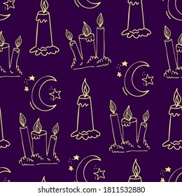 Wax candle and Moon seamless pattern. Burning wax light in church vector illustration. Hand drawn glim and crescent wallpaper. Religion and faith concept. EPS 8