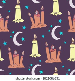 Wax candle and Moon seamless pattern. Burning wax light in church vector illustration. Hand drawn glim and crescent wallpaper. Religion and faith concept. EPS 8