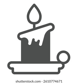 Wax candle on plate solid icon, happy christmas concept. Vector graphics. Candlestick with flame sign on white background, glyph style icon for mobile or web design