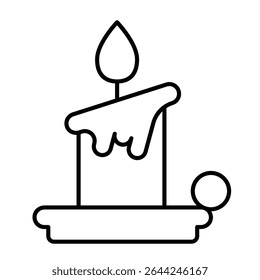 Wax candle on plate thin line icon, happy christmas concept. Vector graphics. Candlestick with flame sign on white background, style mobile or design