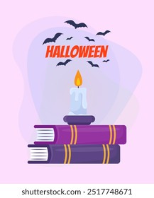 Wax candle on stack of magic books. Halloween lettering with flying bats on abstract background. Celebration, party concept. Vector illustration for invitation, banner or poster