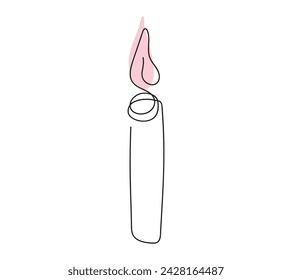 Wax candle with pink flame. Burning decorative aroma candle. Continuous one line drawing. Line art. Isolated on white background. Design element for print, greeting, postcard, scrapbooking.