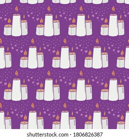 Wax candle seamless pattern. Burning wax light vector illustration. Hand drawn glim wallpaper. Meditation and relaxation concept. EPS 8
