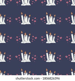 Wax candle seamless pattern. Burning wax light vector illustration. Hand drawn glim wallpaper. Magical spiritual design. EPS 8