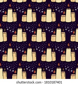 Wax candle seamless pattern. Burning wax light in church vector illustration. Hand drawn glim wallpaper. Religion and faith concept. EPS 8