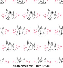 Wax candle seamless pattern. Burning wax light vector illustration. Hand drawn glim wallpaper. Magical spiritual design. EPS 8