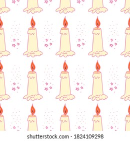 Wax candle seamless pattern. Burning wax light vector illustration. Hand drawn glim wallpaper. Meditation and relaxation concept. EPS 8