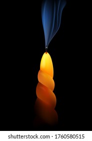 Wax candle with smoke, on black background. Vector illustration.