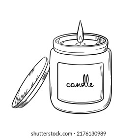 Wax candle with a wick in a glass candlestick with a wooden lid. Sketch in doodle style. Drawing of a burning candle in a jar drawn in line style. Isolated vector illustration.