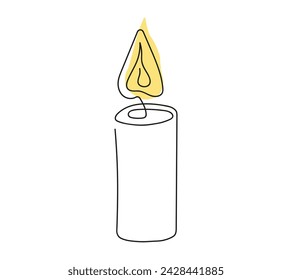 Wax candle with yellow flame. Burning decorative aroma candle. Continuous one line drawing. Line art. Isolated on white background. Design element for print, greeting, postcard, scrapbooking. 