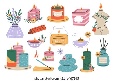 Wax candles, aromatic scented candles, home aromatherapy elements. Vector illustration set of aromatic wax, candle scented