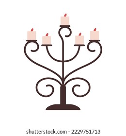 Wax candles in candlestick, candelabra holder. Candlelights in candelabrum with multiple arms, branches. Burning fire flames in candleholder. Flat vector illustration isolated on white background