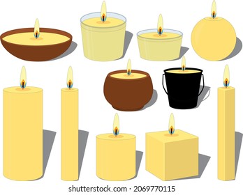 Wax candles different forms and containers collection vector illustration