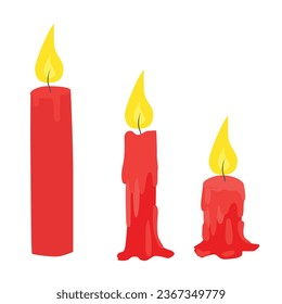 Wax candles with flame in different  stages of burn. Buring wax candles illustration. Paraffin candle with fire and wax drips. Flat vector in cartoon style isolated on white background.