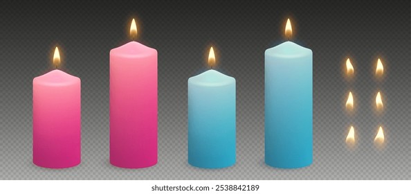 Velas de cera com luz brilhante e variações de chama. Velas de parafina rosa e azul realistas para festa do chá de bebê. Ilustração vetorial.