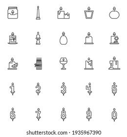 Wax candles line icons set. linear style symbols collection, outline signs pack. vector graphics. Set includes icons as birthday cake candles number, aroma spa therapy, candlestick