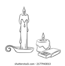 Wax candles with melting wax and matches hand drawn. Black outline drawing in doodle style. Isolated vector illustration.