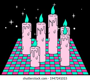 Wax candles on a checkered table. A magical secret esoteric ritual.