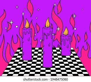 Wax candles on a checkered table. A magical secret esoteric ritual.