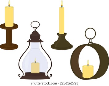 Wax candles on old vintage candlesticks and in lamps vector illustration
