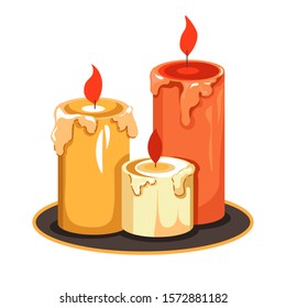 Wax candles on tray, interior decor and melting light device, isolated icon vector. Fire or flame, old lamp and house decoration. Aroma spa procedure, burning and lighting, church ritual element