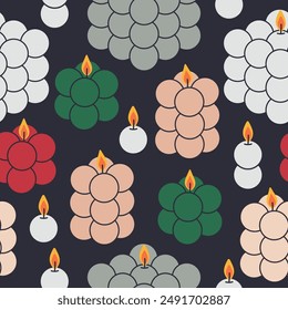 Wax candles seamless pattern. Burning scented decorative candles, minimalist aroma candles, aromatic candles flat vector background illustration. Home interior decor endless design