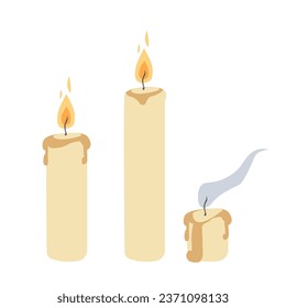 Se pusieron velas de cera. Llama la vela. Quemando velas. Velas de columna de parafina. velas decorativas caseras. Ilustración del vector