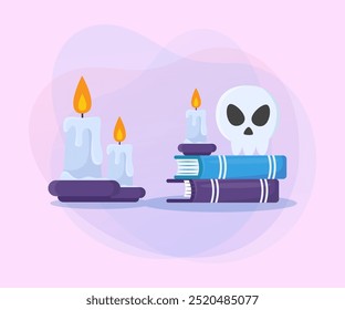 Wax candles, stack of magic books and skull on abstract background. Halloween banner design. Celebration, holiday, magic concept. Vector illustration for poster or invitation