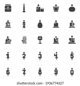Wax candles vector icons set, modern solid symbol collection, filled style pictogram pack. Signs, logo illustration. Set includes icons as birthday cake candles number, aroma spa therapy, candlestick
