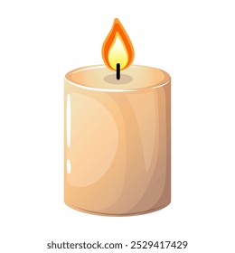 Wax cozy candle with flame. Vector illustration of a beautiful burning candle on a white background. Element for holiday, decoration, decor, coziness