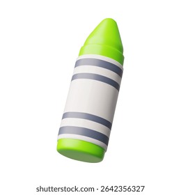 Wax crayon 3D plastic cartoon style icon. Realistic green pencil. Kids stationery for painting, drawing and artwork. Vector render illustration isolated on white background